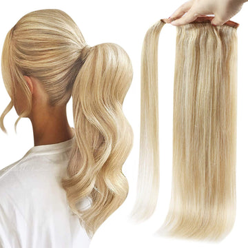 Ponytail 100% Remy Human Hair One Piece Extensions Highlighted Bleach Blonde(#27/613) - FShine Shop